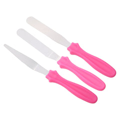 3-Piece Icing Spatula Set, Stainless Steel Blades, Pink Handles, Straight Angled and Offset for Cake Decorating