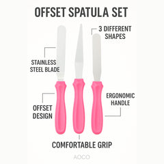 3-Piece Icing Spatula Set, Stainless Steel Blades, Pink Handles, Straight Angled and Offset for Cake Decorating