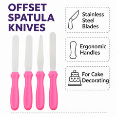 3-Piece Icing Spatula Set, Stainless Steel Blades, Pink Handles, Straight Angled and Offset for Cake Decorating
