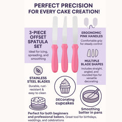 3-Piece Icing Spatula Set, Stainless Steel Blades, Pink Handles, Straight Angled and Offset for Cake Decorating