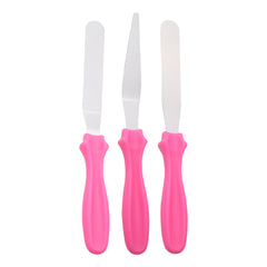 3-Piece Icing Spatula Set, Stainless Steel Blades, Pink Handles, Straight Angled and Offset for Cake Decorating