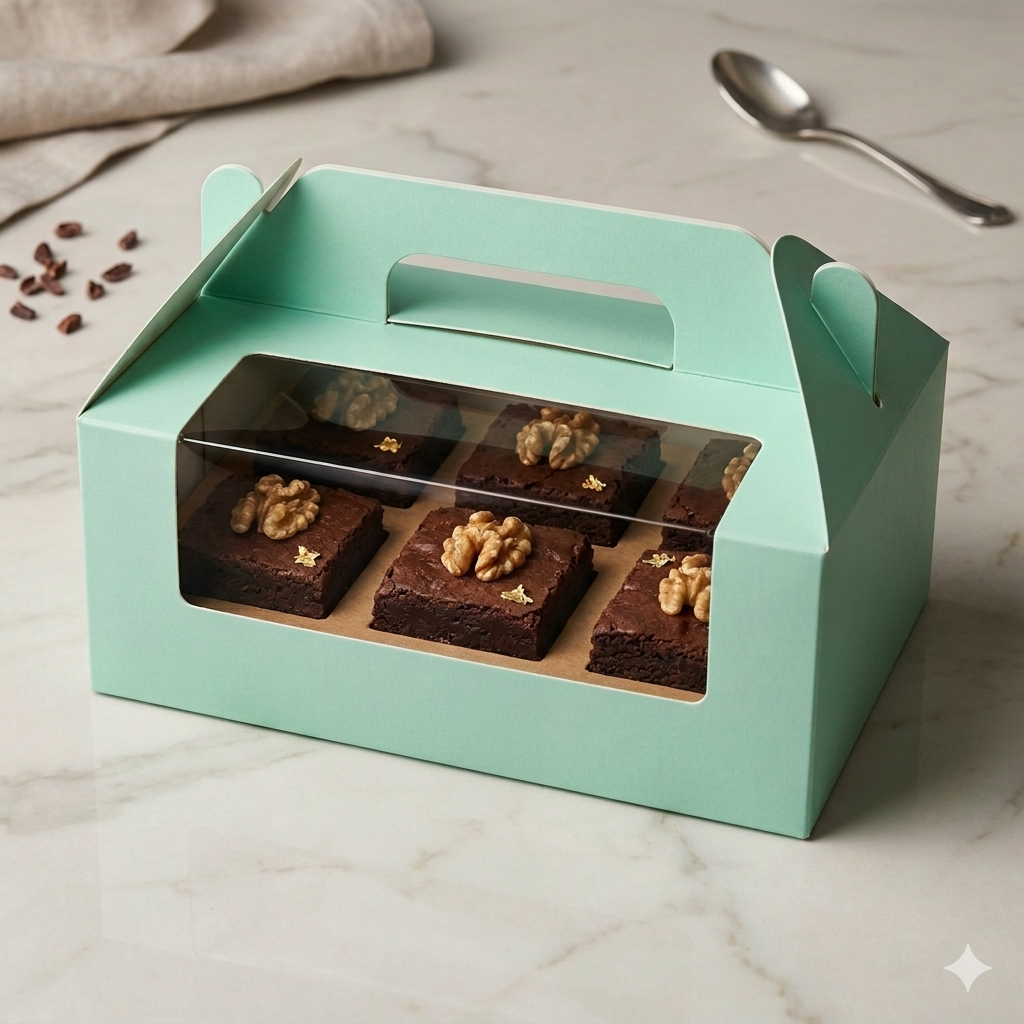 Premium Window Bakery Box with Handle - 10 × 6.5 × 3.5 Inch | Set of 12