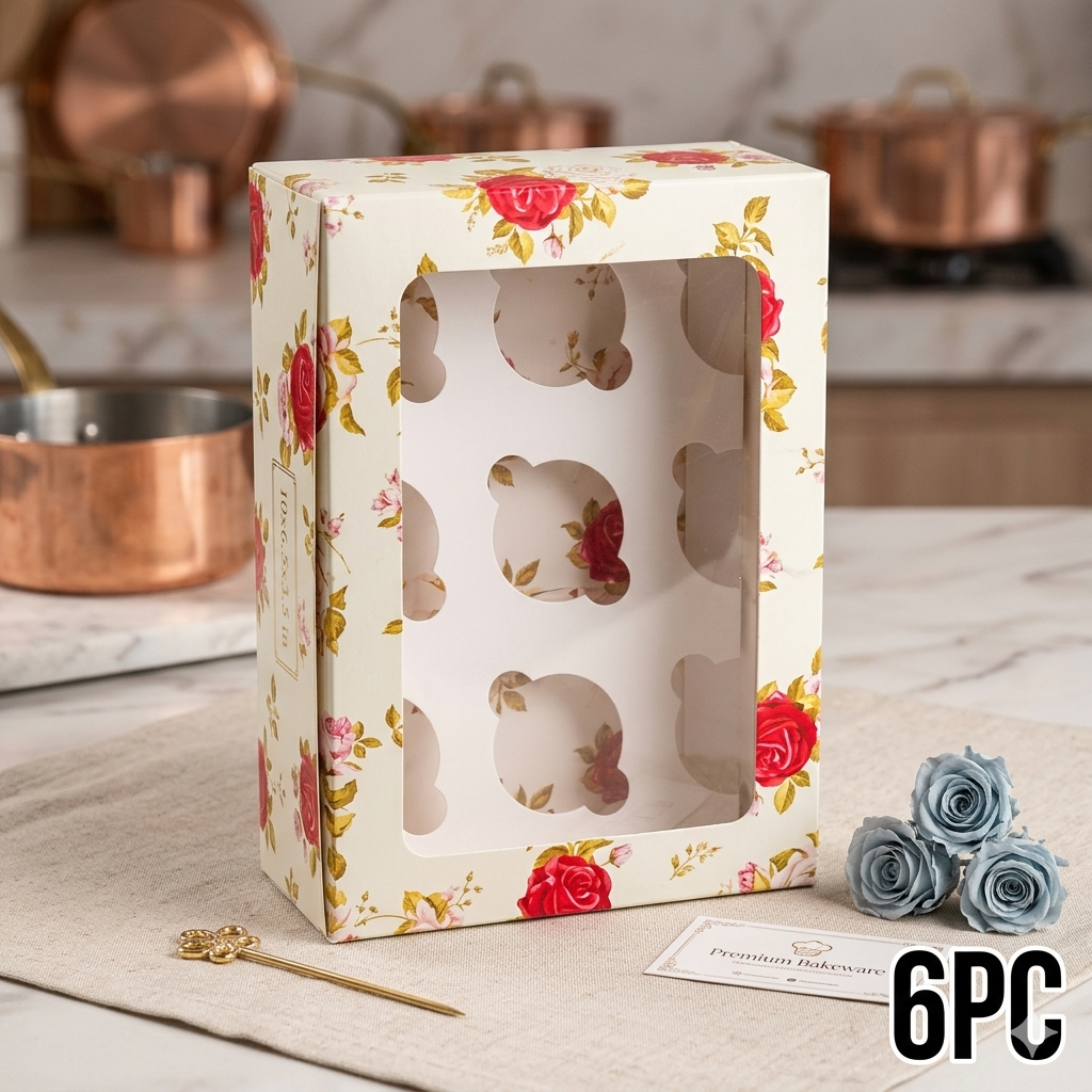 Premium Floral 6 Cavity Cupcake Box – 10 × 6.5 × 3.5 Inch | Pack of 12