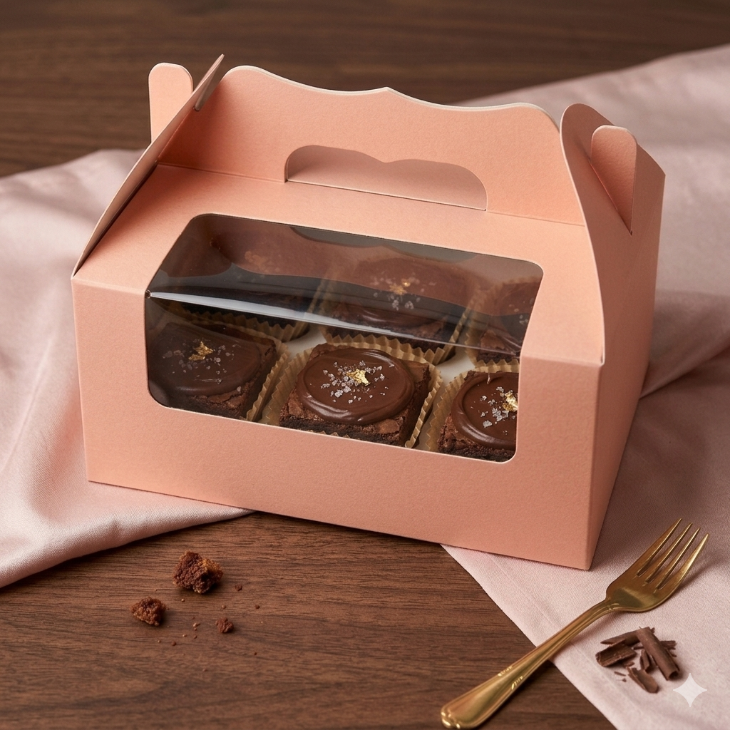 Premium Window Bakery Box with Handle - 10 × 6.5 × 3.5 Inch | Set of 12