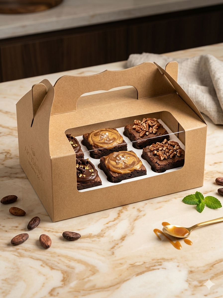 Premium Window Bakery Box with Handle - 10 × 6.5 × 3.5 Inch | Set of 12