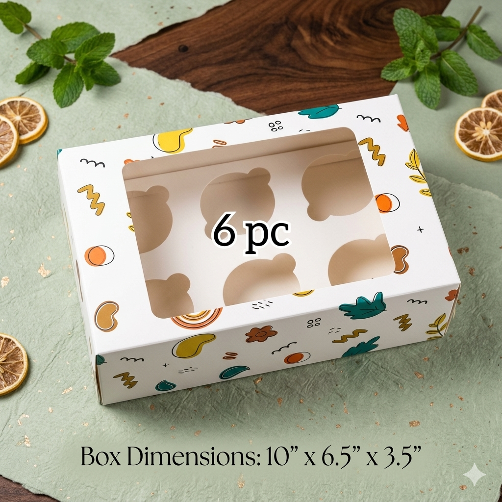 Premium Printed 6 Cavity Cupcake Box – 10 × 6.5 × 3.5 Inch | Pack of 12