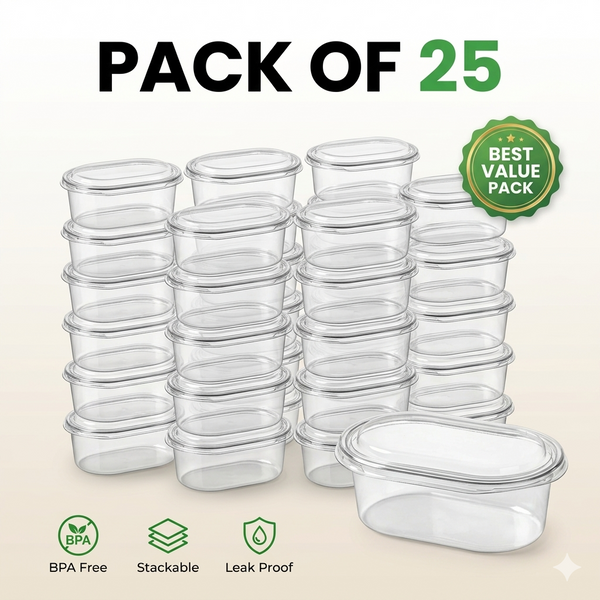 Premium Pack of 25 Oval Food Storage Containers | Leak-Proof, BPA-Free & Stackable (SIZE : LENGTH - 6INCH , WIDTH - 4INCH &amp; HEIGHT - 2INCH)