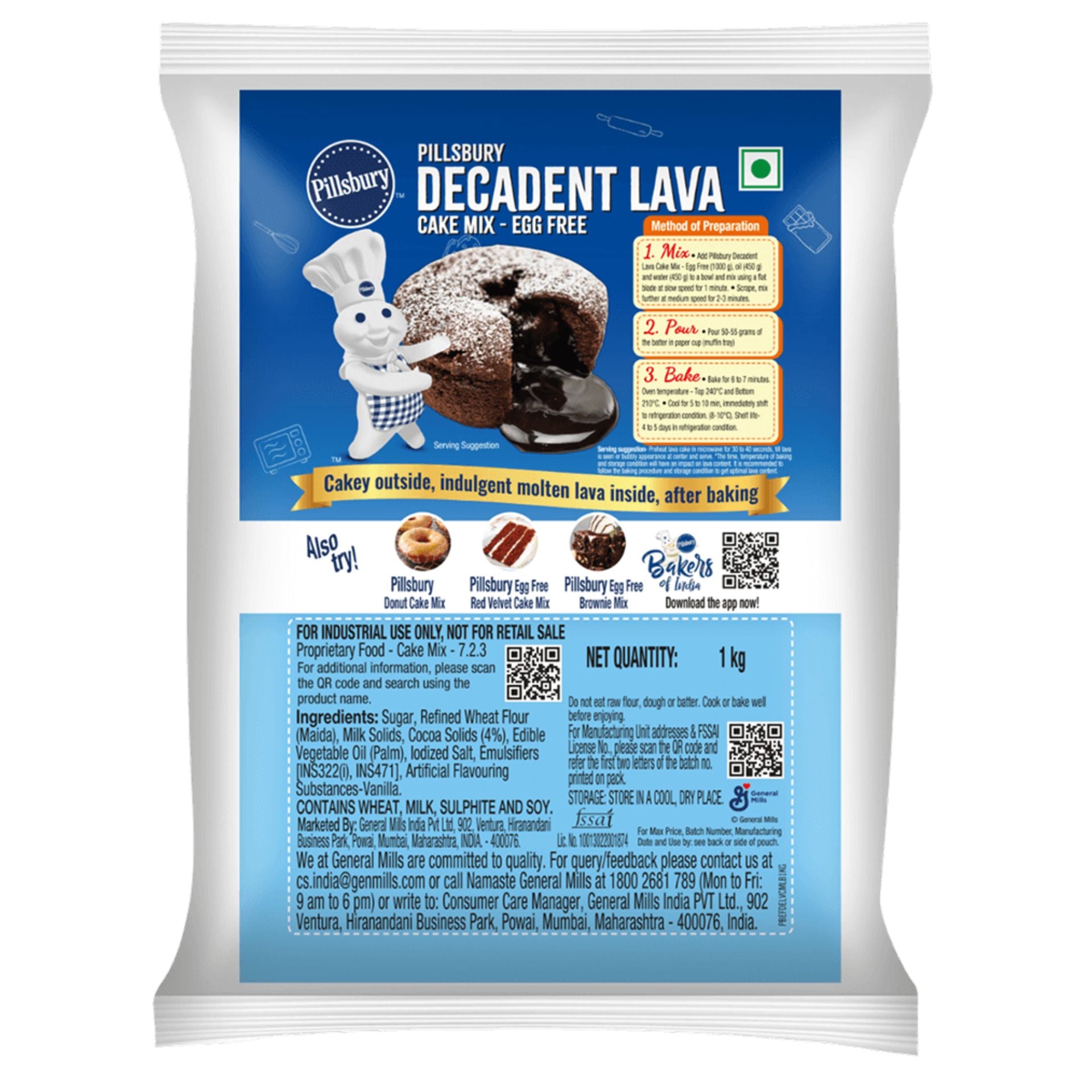 Pills&bury Decadent Lava Cake Mix – Egg Free | Rich Molten Chocolate Centre | 1 kg (Industrial Pack)