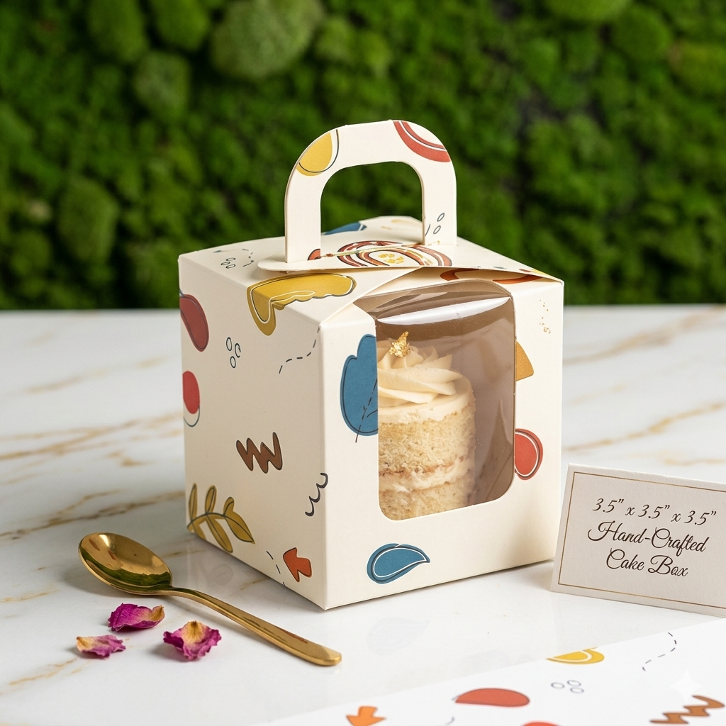 Printed Cupcake Box with Handle & Window – 3.5 Inch (Set of 12)