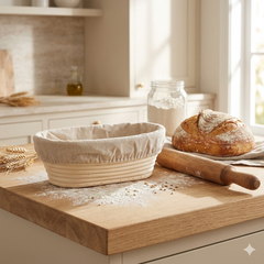 Bread Proofing Basket Oval Cane Banneton Set with Linen Cloth for Artisan Baking ,Size - 24X16X8CM