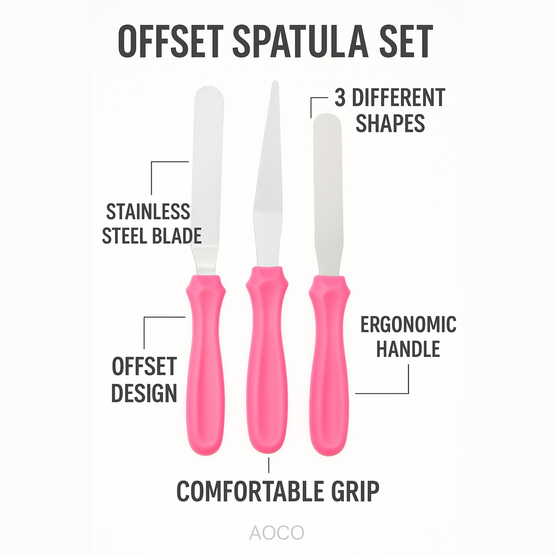 3-Piece Icing Spatula Set, Stainless Steel Blades, Pink Handles, Straight Angled and Offset for Cake Decorating