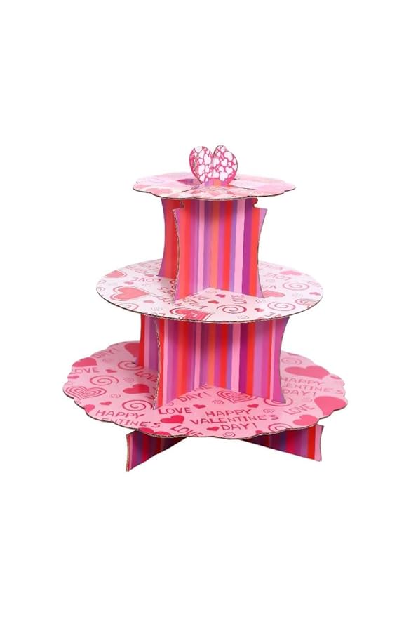 3 Tier Round Cupcake Stand | Floral Pink Colour Empty Paperboard Cupcake | Stand Cupcake Paper Tier Cardboard Stand for Pastries Cookies Birthday Party Cupcake Stand