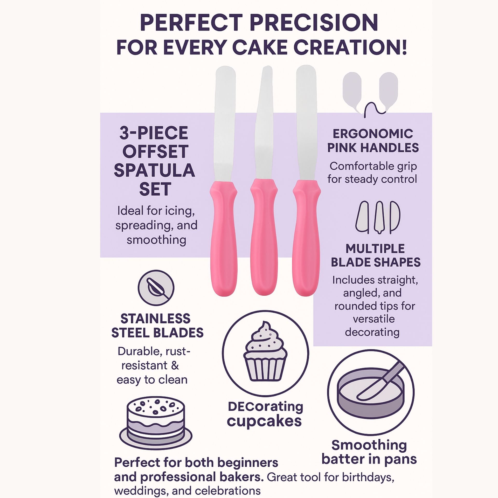 3-Piece Icing Spatula Set, Stainless Steel Blades, Pink Handles, Straight Angled and Offset for Cake Decorating