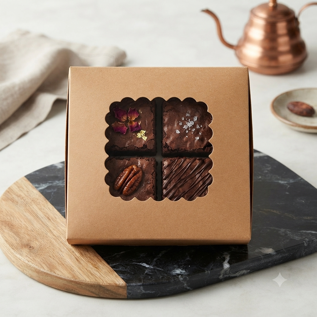 Kraft Brownie Box for 4 with Window – 6 × 6 × 2 Inch (Set of 12)