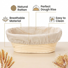 Bread Proofing Basket Oval Cane Banneton Set with Linen Cloth for Artisan Baking ,Size - 24X16X8CM