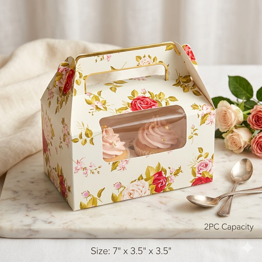 Floral Cupcake Box for 2 with Handle & Window – 7 × 3.5 × 3.5 Inch (Set of 12)