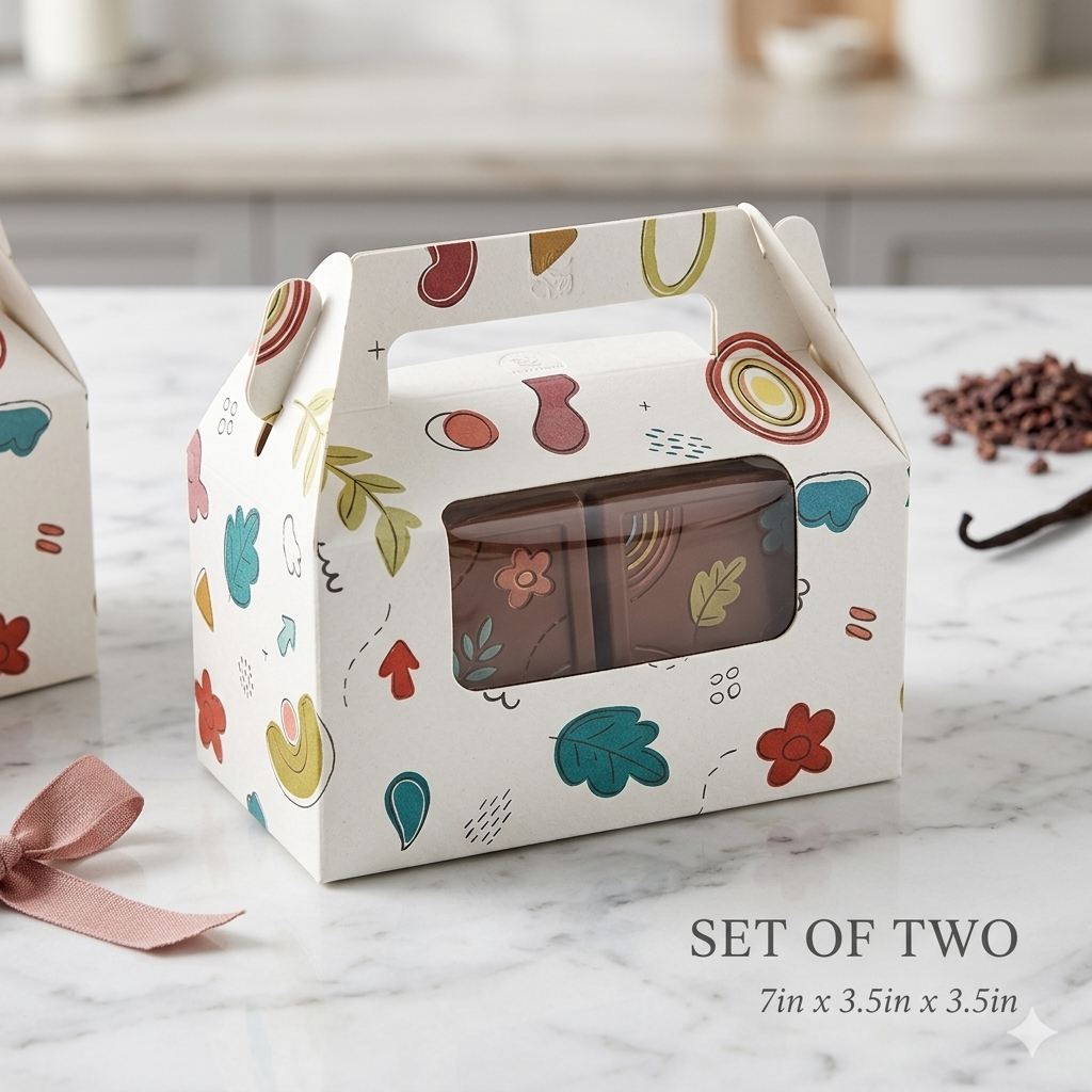 Printed Brownie Box for 2 with Handle & Window – 7 × 3.5 × 3.5 Inch (Set of 12)