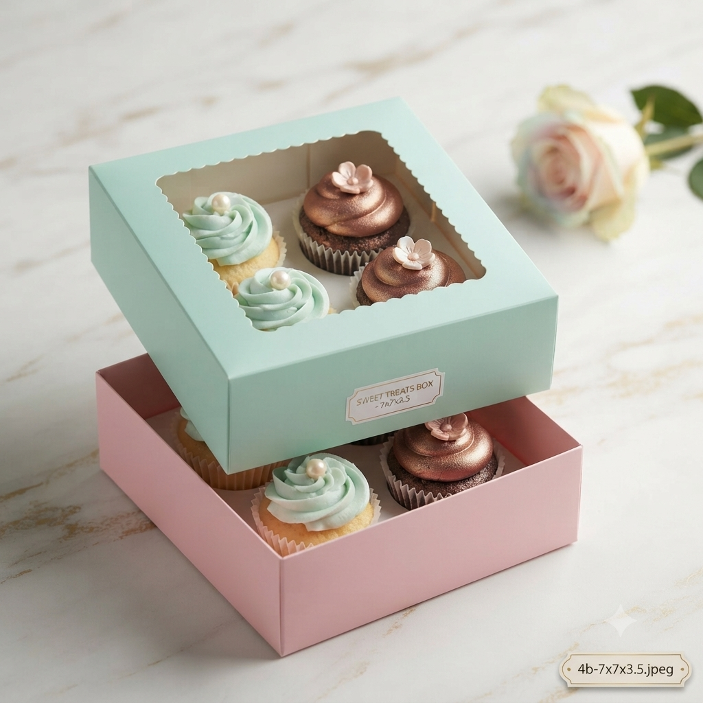 Pastel Cupcake Box for 4 with Window – 7 × 7 × 3.5 Inch (Set of 12)