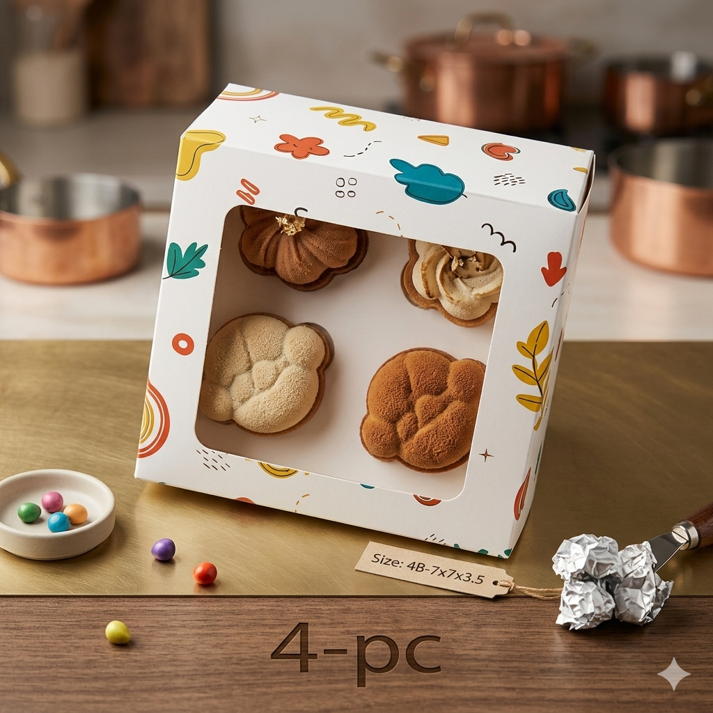 Printed Cupcake Box for 4 with Window – 7 × 7 × 3.5 Inch (Set of 12)