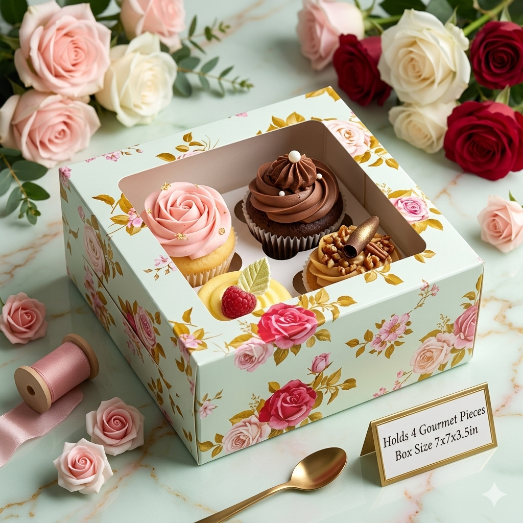 Floral Cupcake Box for 4 with Window – 7 × 7 × 3.5 Inch (Set of 12)
