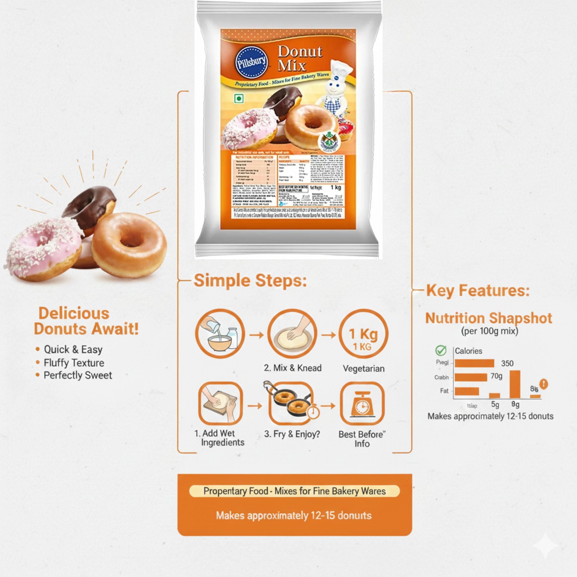 Pills&bury Donut Mix 1 Kg | Ready-to-Make Bakery Donut Premix | Soft & Fluffy Donuts