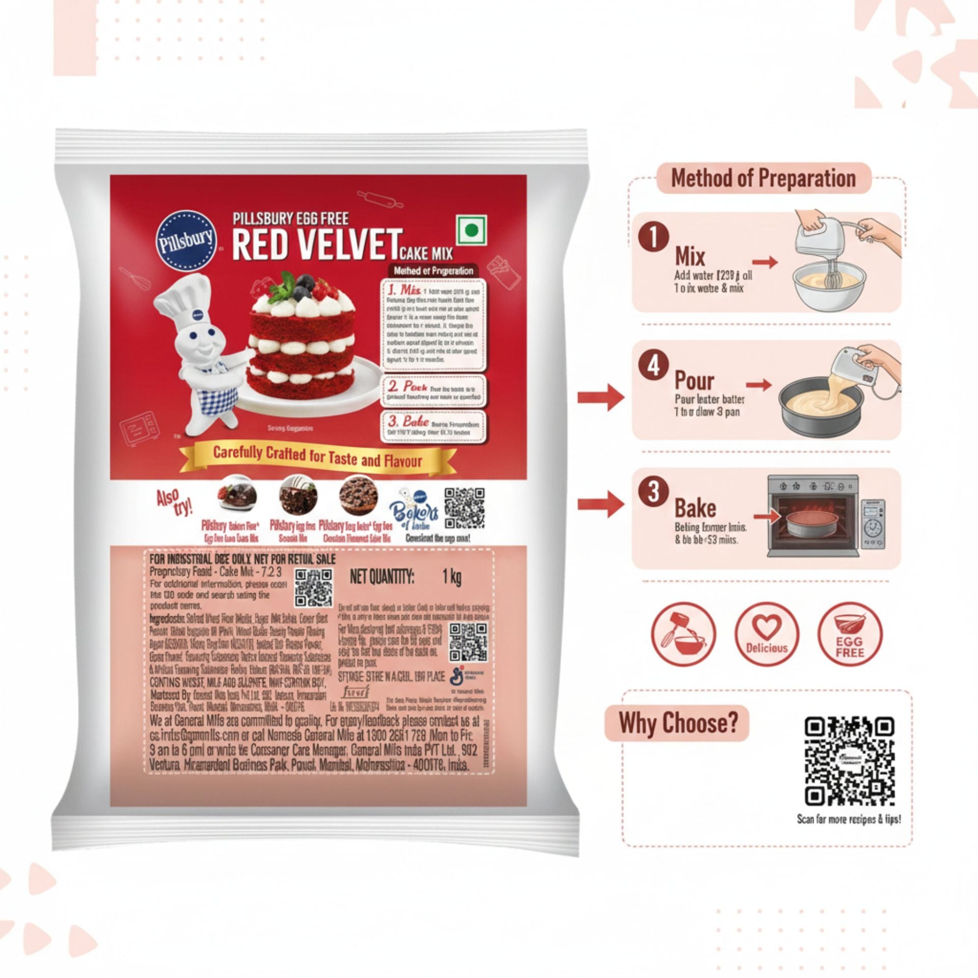 Pills&bury Egg Free Red Velvet Cake Mix | Rich Cocoa Flavour | 1 kg | For Professional & Home Baking
