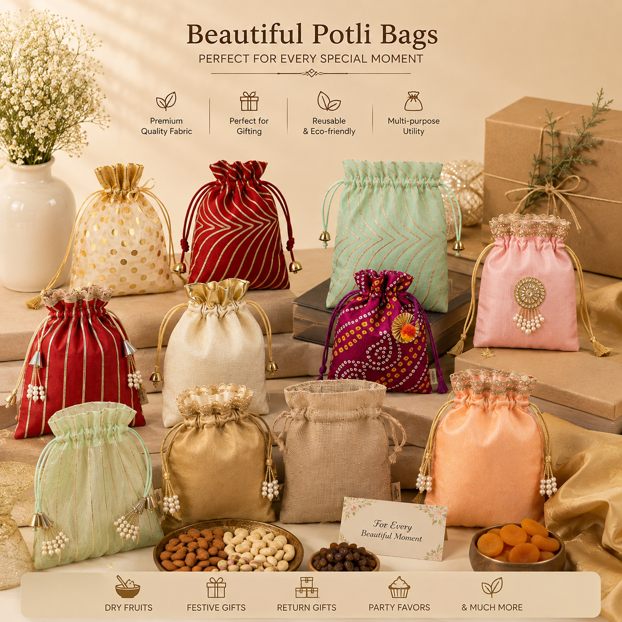Traditional Bandhani Print Drawstring Potli Gift Bag (12 pcs)