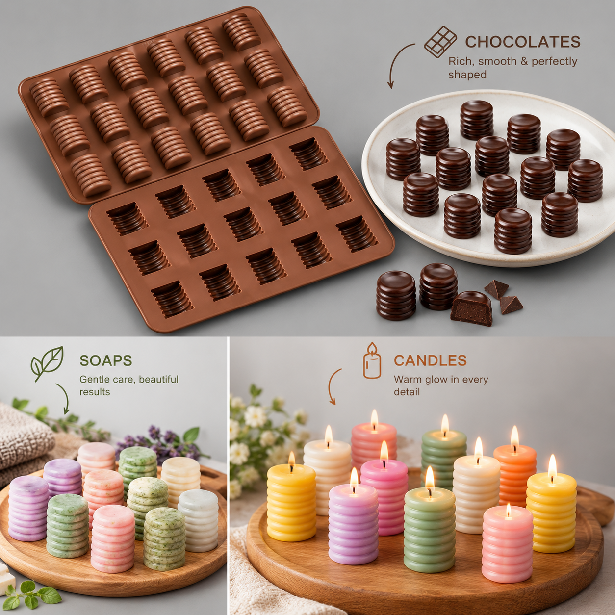 Premium Silicone Ribbed Cylinder Chocolate Mold Tray - 15-Cavity