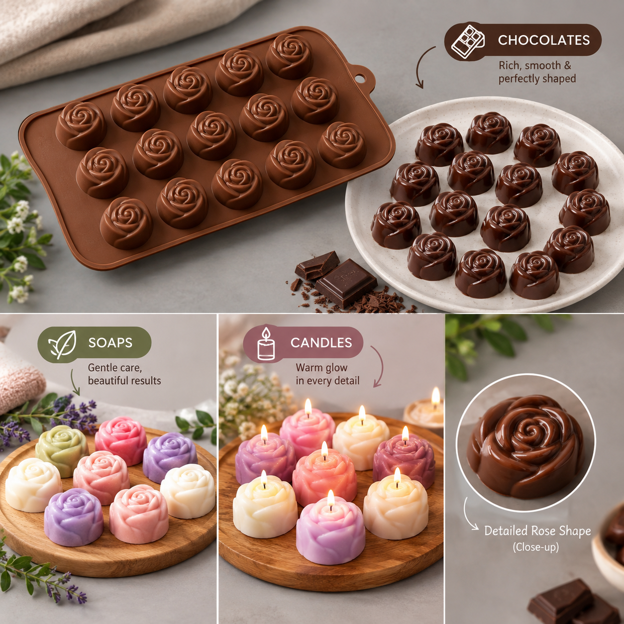Premium Silicone Rose Flower Chocolate Mold Tray - 15