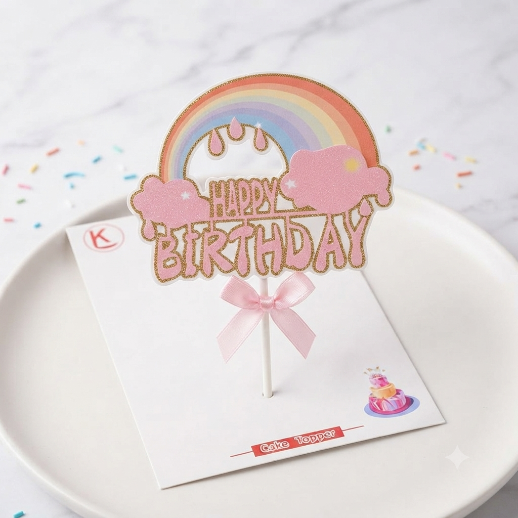 Rainbow Happy Birthday Cake Topper with Pink Clouds & Glitter Finish