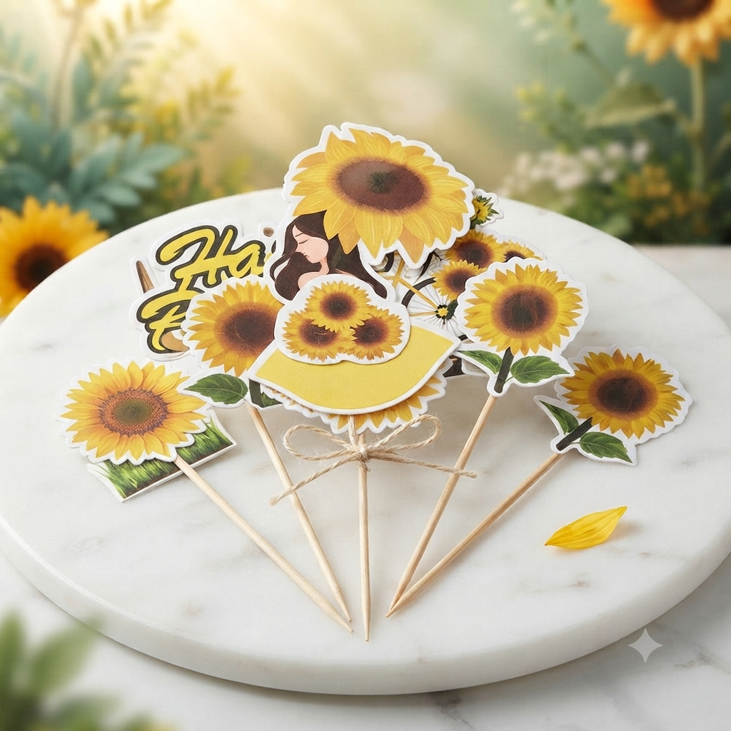 Sunflower Cake Topper Set | Floral Birthday Cake Decoration Kit with Happy Birthday Topper | Premium Party Decor