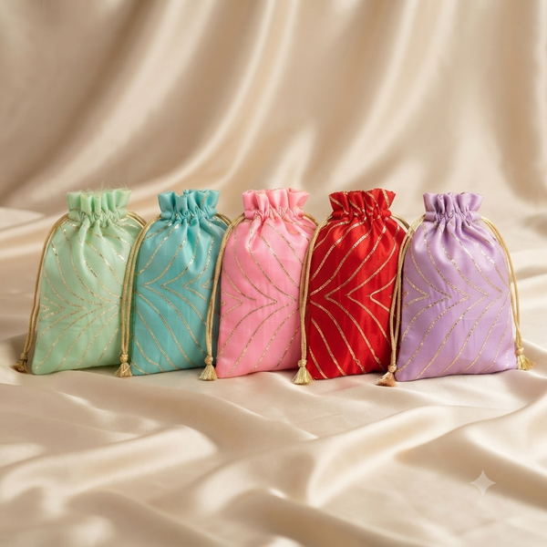 Premium Organza Drawstring Gift Potli Bag with Gold Foil Design