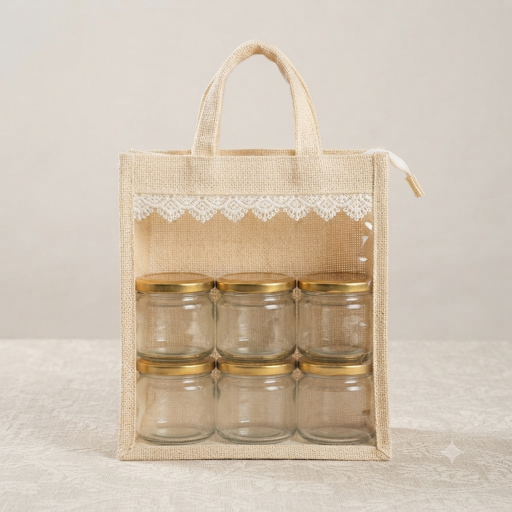 Premium Jute Gift Bag with Transparent Window & 6 Glass Jar Hamper Set