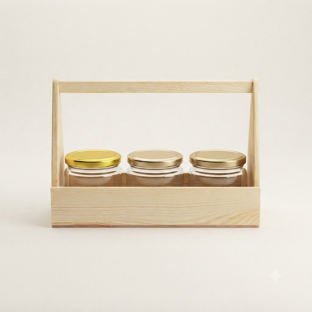 Premium Wooden Gift Crate with 3 Glass Jars | Rustic Pine Hamper Basket