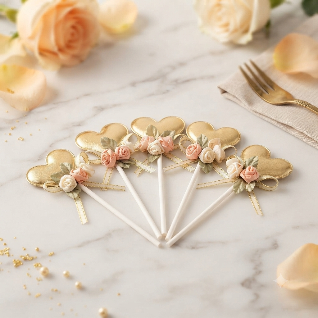Gold Heart Floral Cake Topper Set