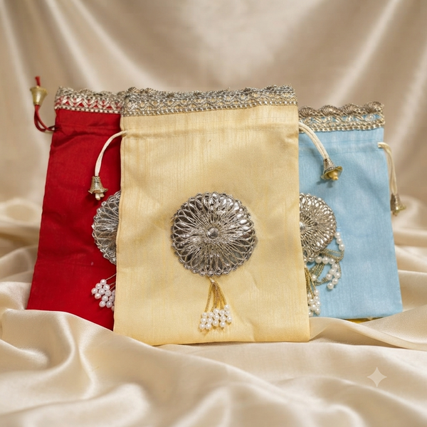 Premium Brooch Potli Gift Bag with Pearl Tassel