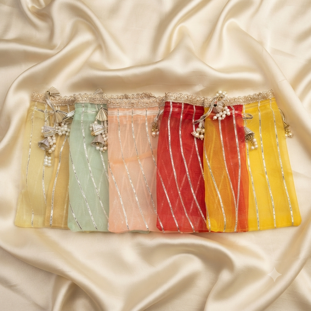 Premium Organza Leheriya Potli Bag with Pearl Tassel