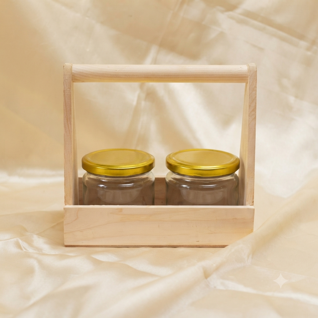 Premium Wooden Gift Crate with 2 Glass Jars | Rustic Pine Hamper Basket