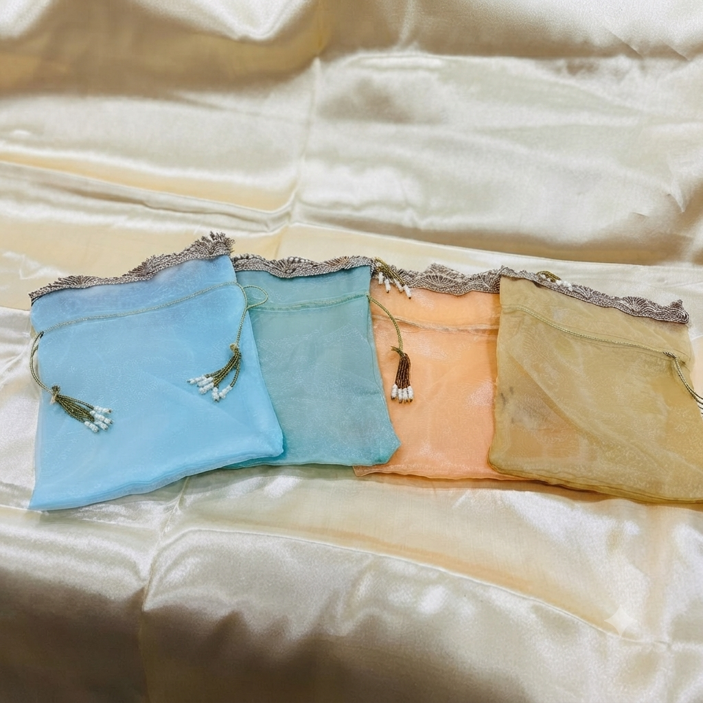 Premium Organza Drawstring Gift Potli Bag with Lace Border