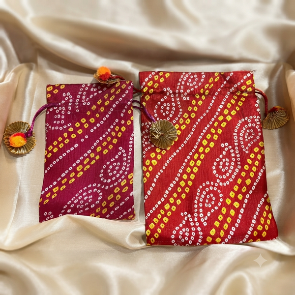 Traditional Bandhani Print Drawstring Potli Gift Bag (12 pcs)