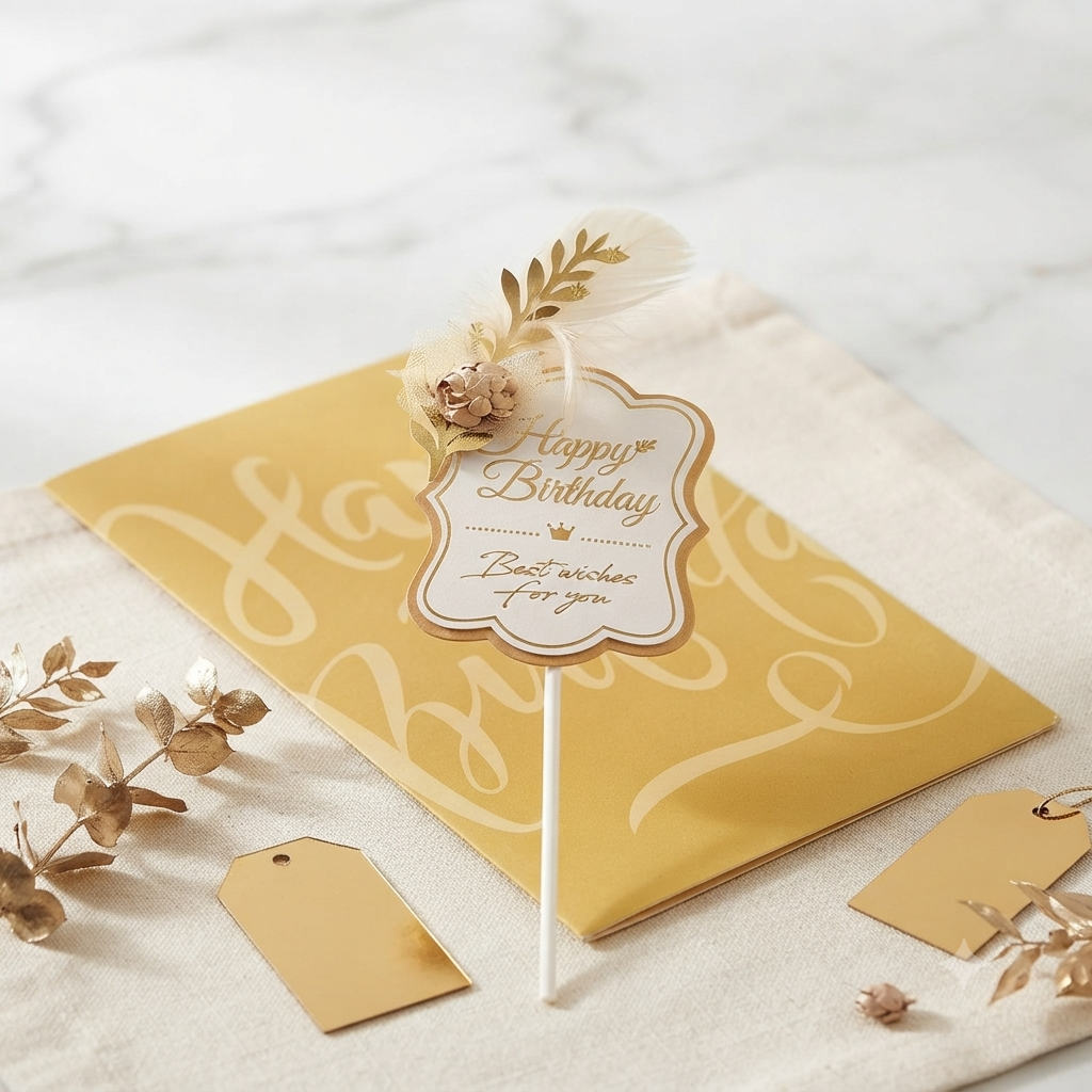 Elegant Gold Happy Birthday Cake Topper with Feather & Floral Accent