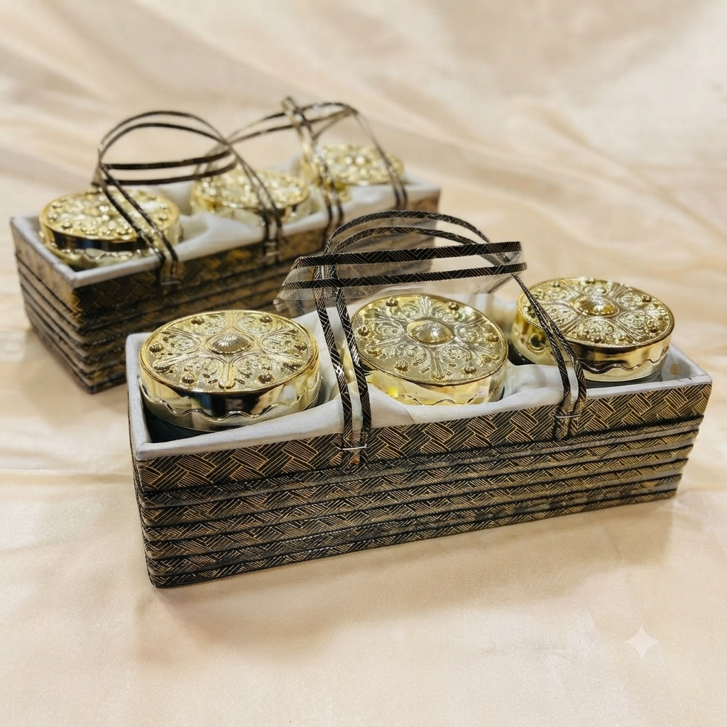 Premium Woven Hamper Tray with 3 Decorative Storage Jars | Luxury Gift Basket Set