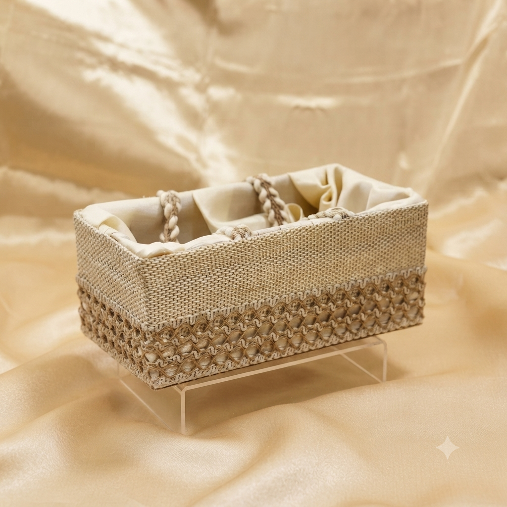 Premium Jute Gift Basket Tray with Fabric Lining & Braided Handles