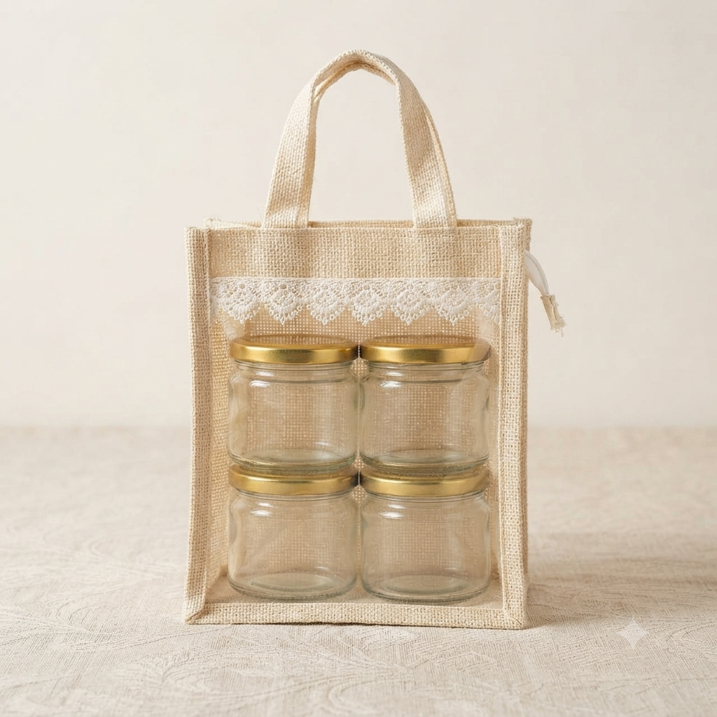 Premium Jute Gift Tote Bag with 4 Glass Jars