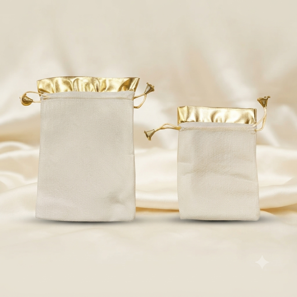 Premium White Jute Potli Gift Bag with Gold Gota Border