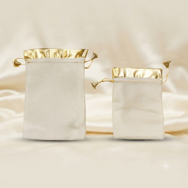 Premium White Jute Potli Gift Bag with Gold Gota Border