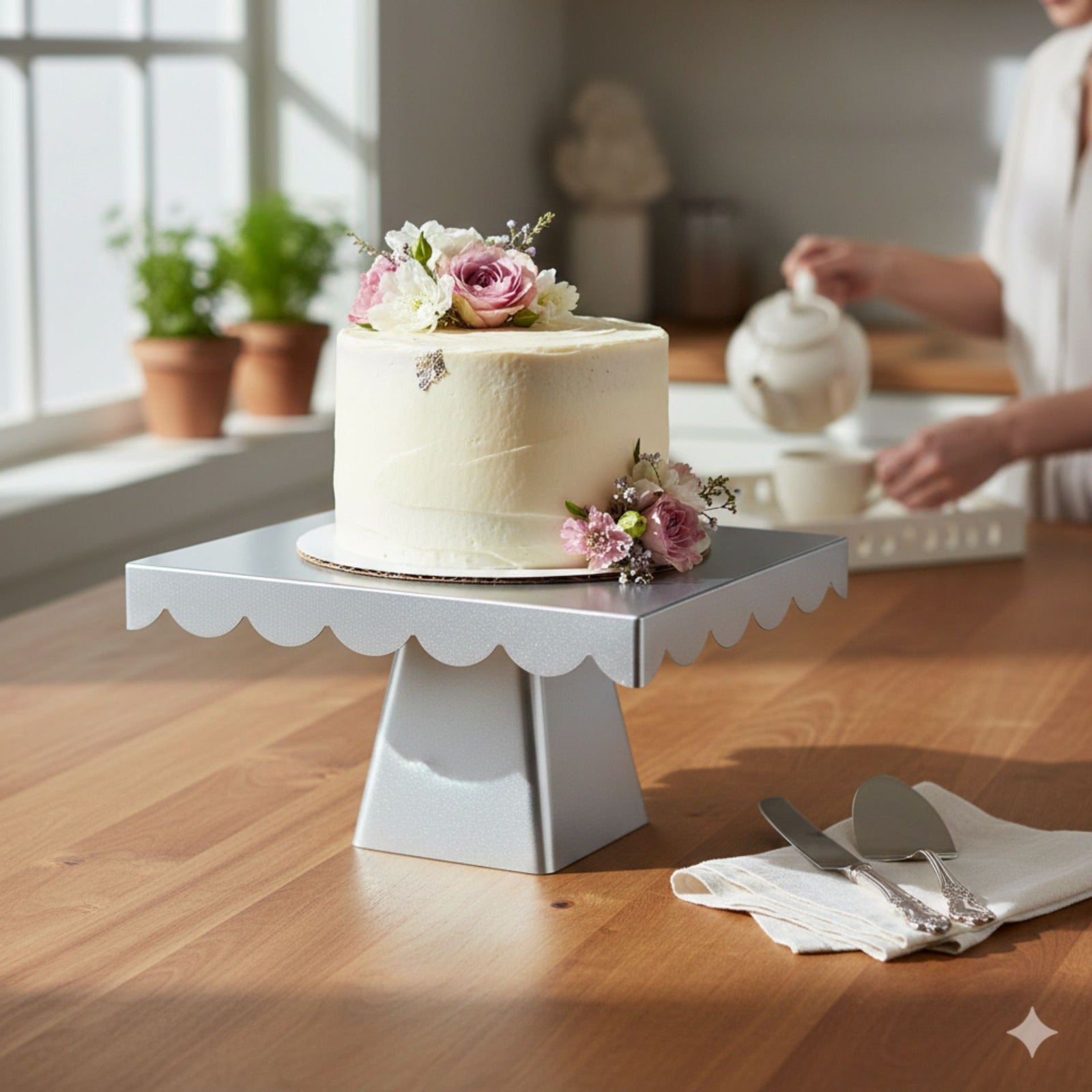 Elegant Silver Metal Cake Stand with Scalloped Edge | Baking Cart
