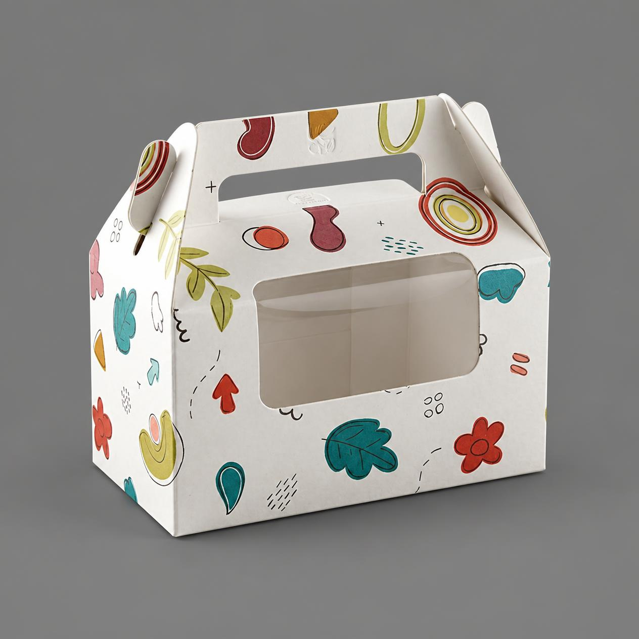 Printed Brownie Box for 2 with Handle & Window – 7 × 3.5 × 3.5 Inch (Set of 12)