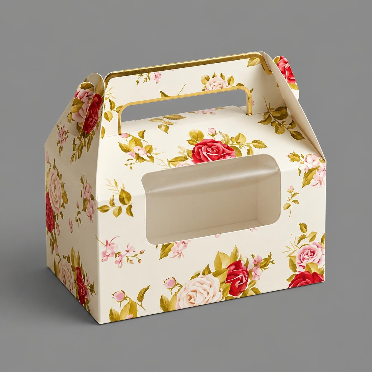 Floral Cupcake Box for 2 with Handle & Window – 7 × 3.5 × 3.5 Inch (Set of 12)