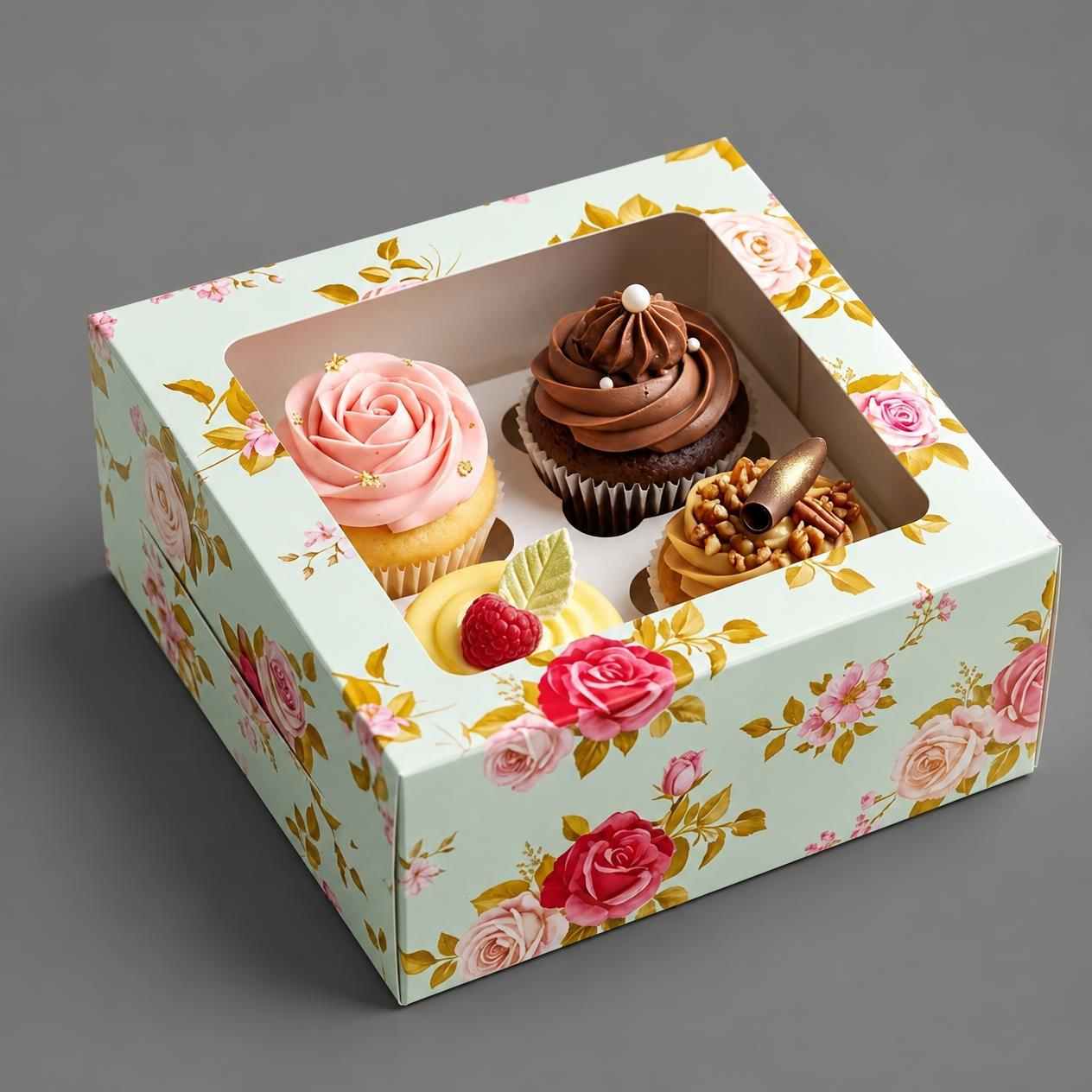 Floral Cupcake Box for 4 with Window – 7 × 7 × 3.5 Inch (Set of 12)